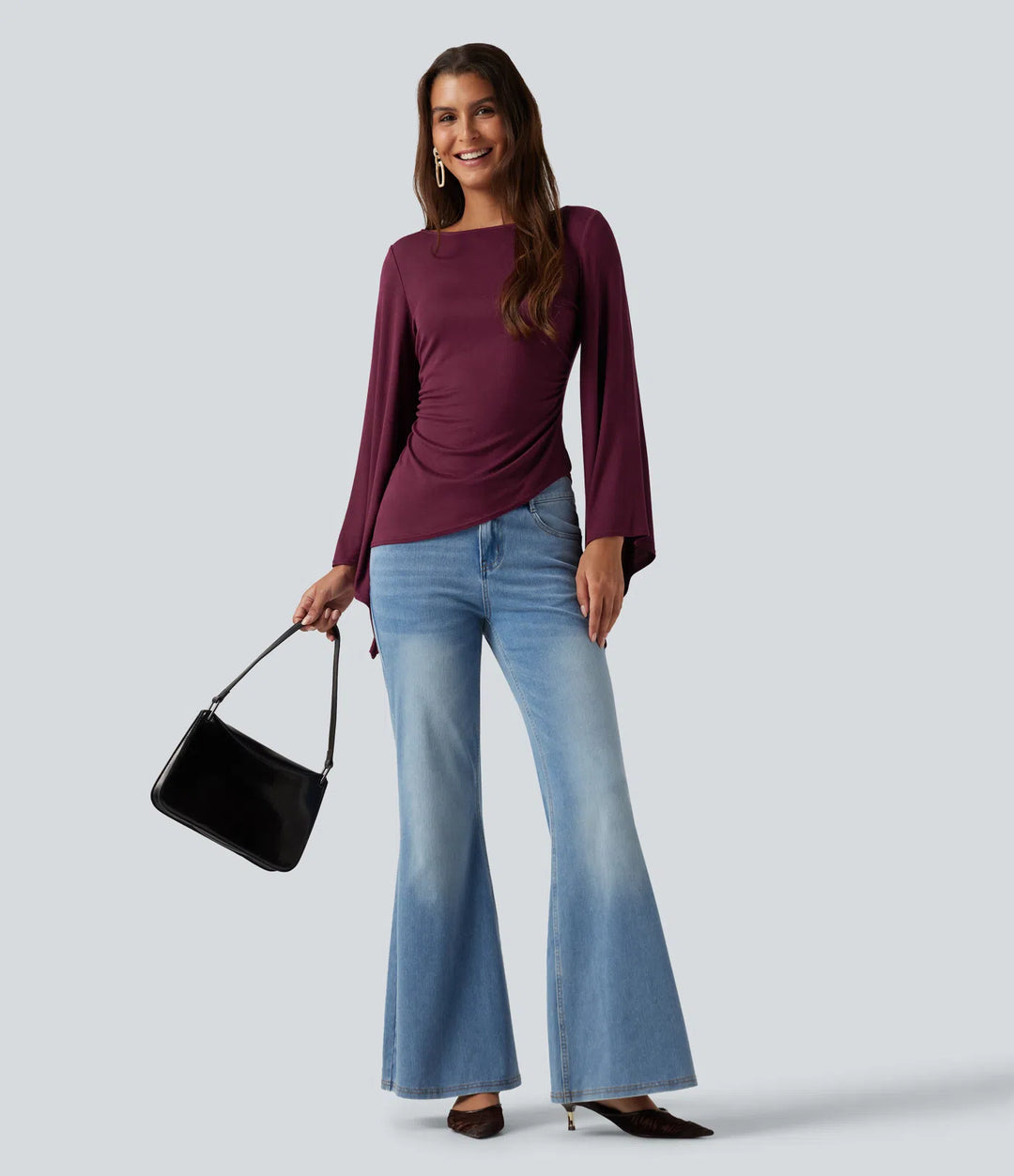 Ribbed Boat Neck Asymmetric Flounce Long Sleeve Ruched Casual Top