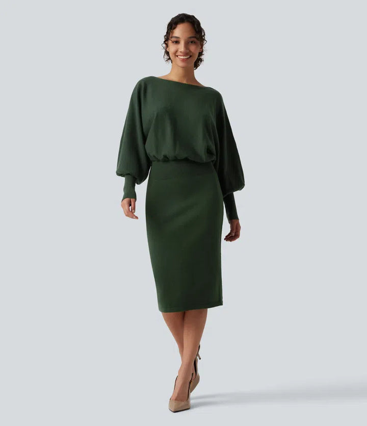 Boat Neck Puff Long Sleeve Work Sweater Dress