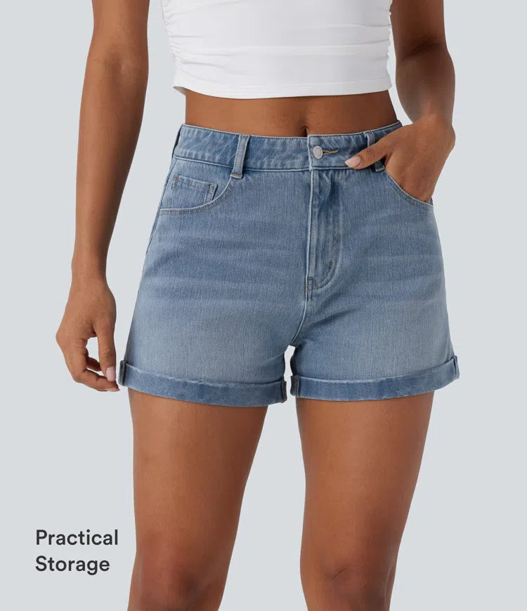 Halara Flex Mid Rise Zipper Pockets Denim Casual Shorts 3&