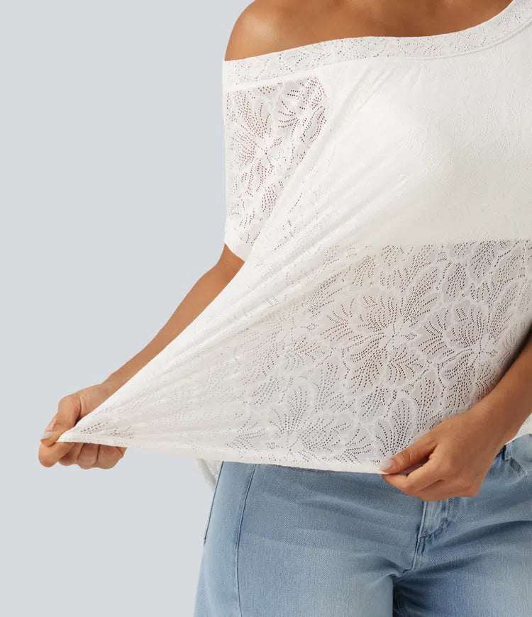 One Shoulder Short Sleeve Built-in Bra Curved Hem High Low Lace Casual Top