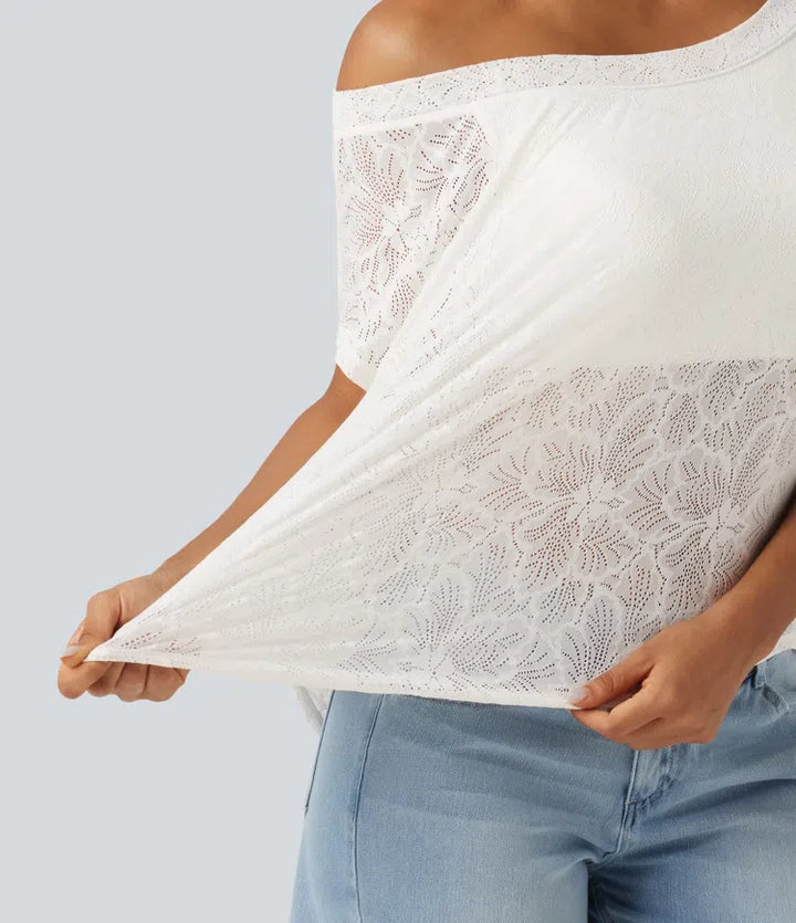 One Shoulder Short Sleeve Built-in Bra Curved Hem High Low Lace Casual Top