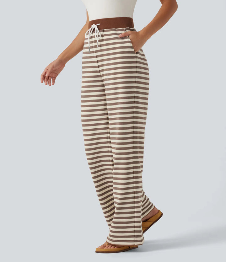Mid Rise Drawstring Stripe Wide Leg Lounging Sweatpants with Pockets