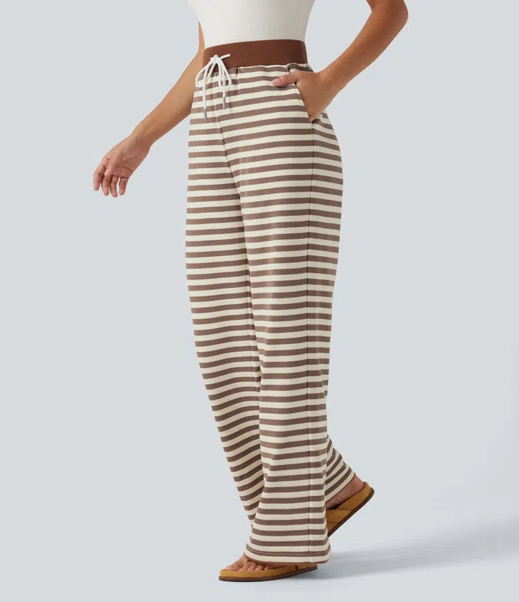Mid Rise Drawstring Stripe Wide Leg Lounging Sweatpants with Pockets