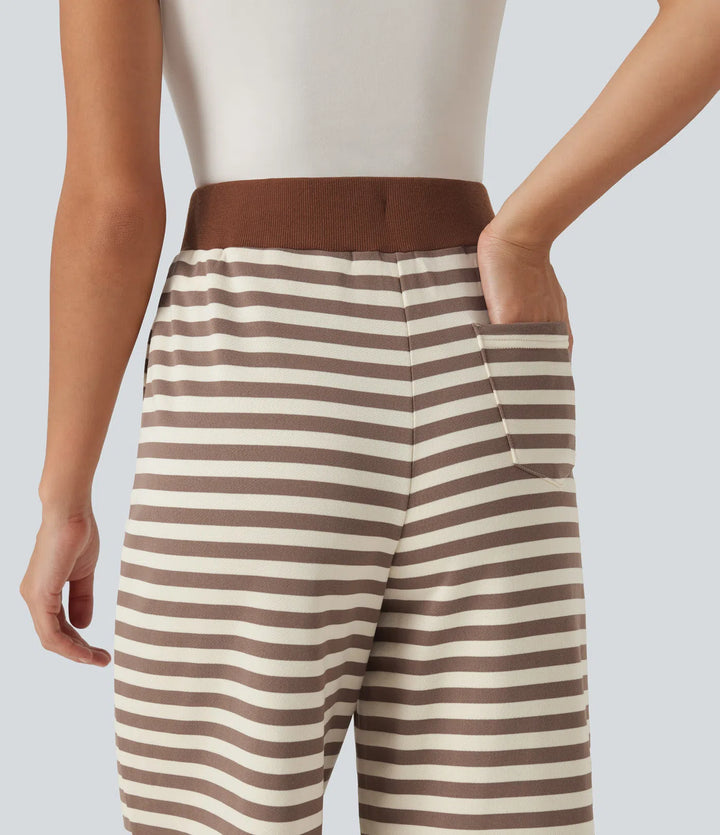 Mid Rise Drawstring Stripe Wide Leg Lounging Sweatpants with Pockets