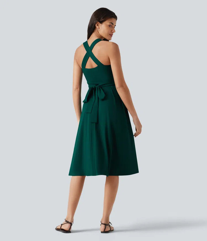 Sweetheart Neck Sleeveless Crisscross Tie-back Midi Casual Flowy Dress with Pockets