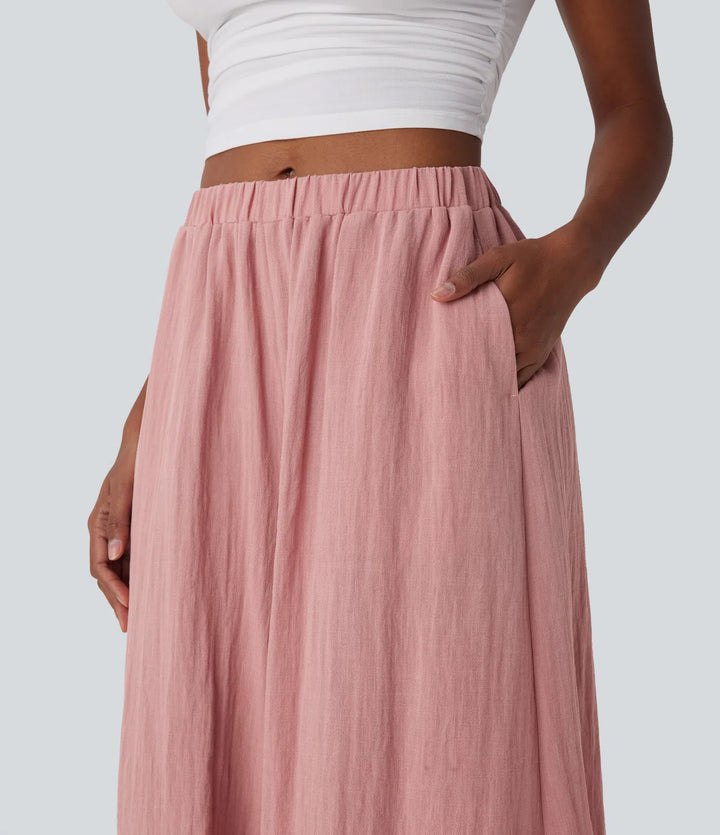 Mid Rise Wide Leg Flowy Linen-Feel Pants with Pocket