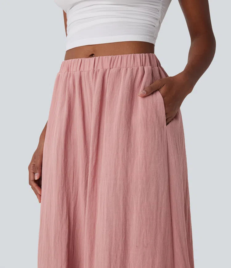 Mid Rise Wide Leg Flowy Linen-Feel Pants with Pocket