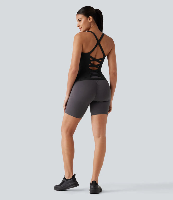 Crisscross Backless Built-in Bra Running Tank Top-Longer Length A-D Cups