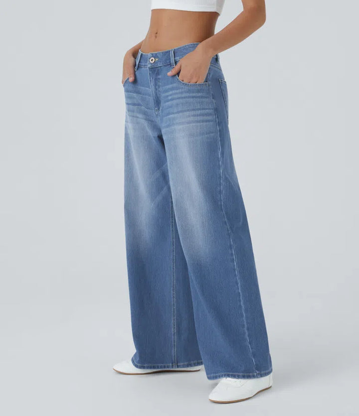 Halara Flex Low Rise Zipper Pockets Washed Baggy Wide Leg Casual Jeans