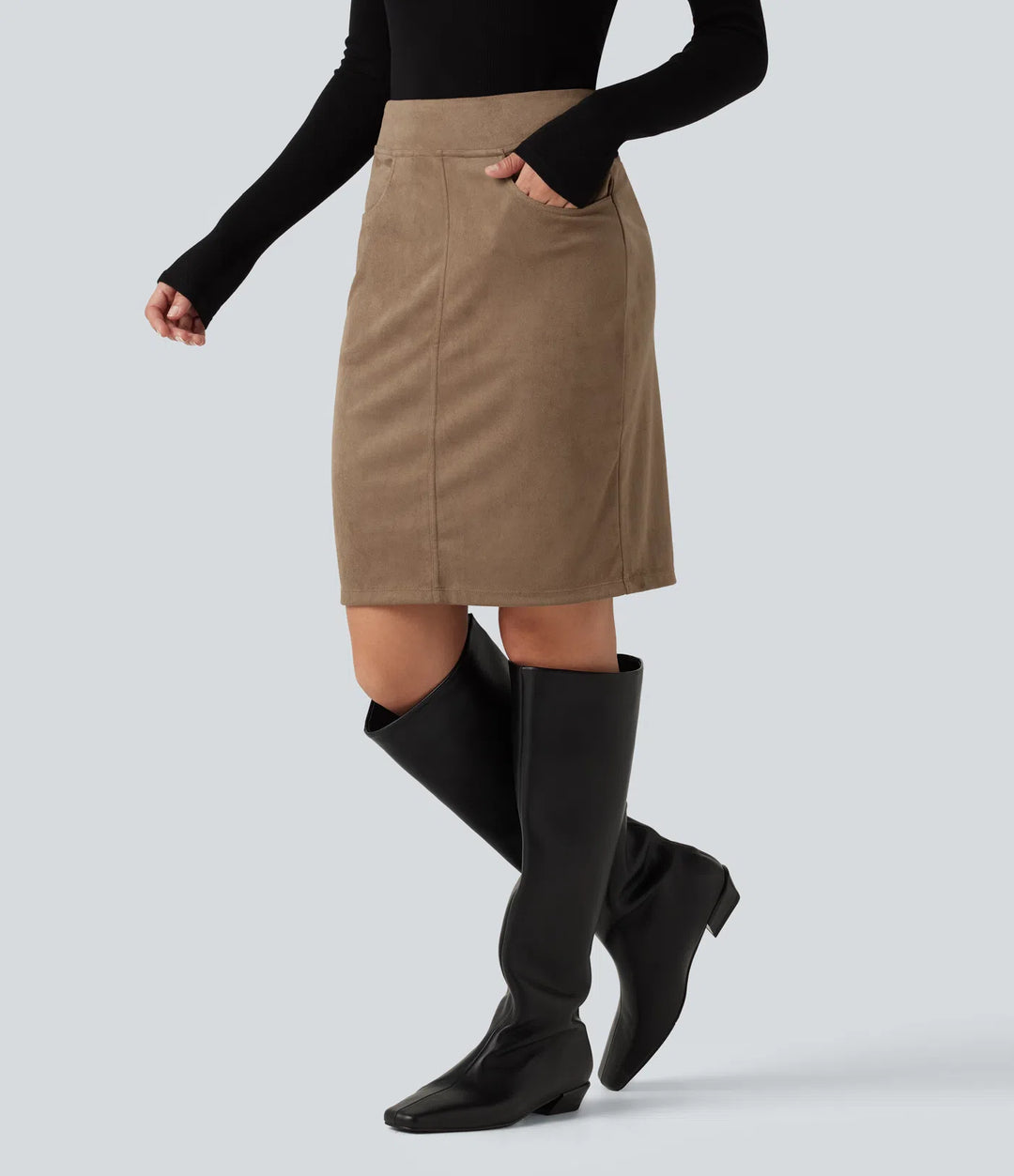 High Waisted Bodycon Suede Mini Party Skirt with Pockets
