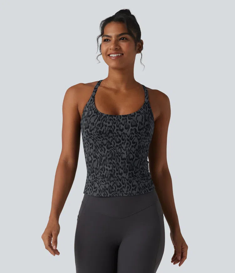 Halara UltraSculpt Leopard Print Scoop Neck Built-in Bra Crossover Hem Yoga Tank Top