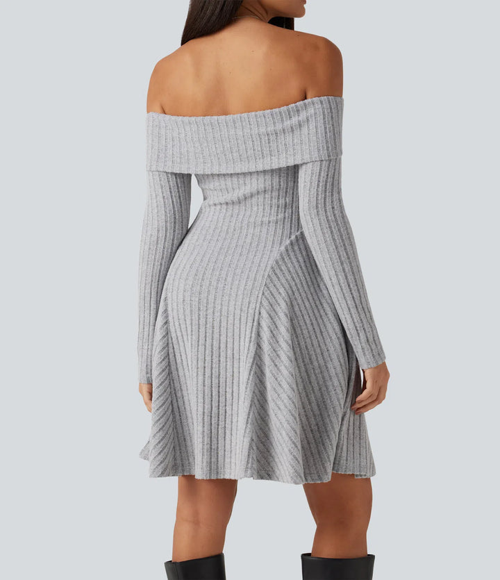 Ribbed Knit Off Shoulder Long Sleeve Built-in Bra Mini Casual Dress with Pockets