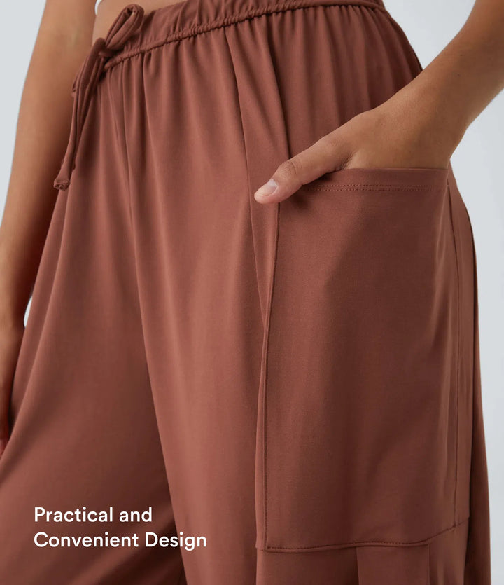 Mid Rise Elastic Waistband Drawstring Pocket Palazzo Flowy Wide Leg Baggy Casual Pants