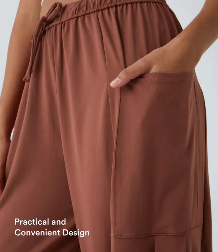 Mid Rise Elastic Waistband Drawstring Pocket Palazzo Flowy Wide Leg Baggy Casual Pants
