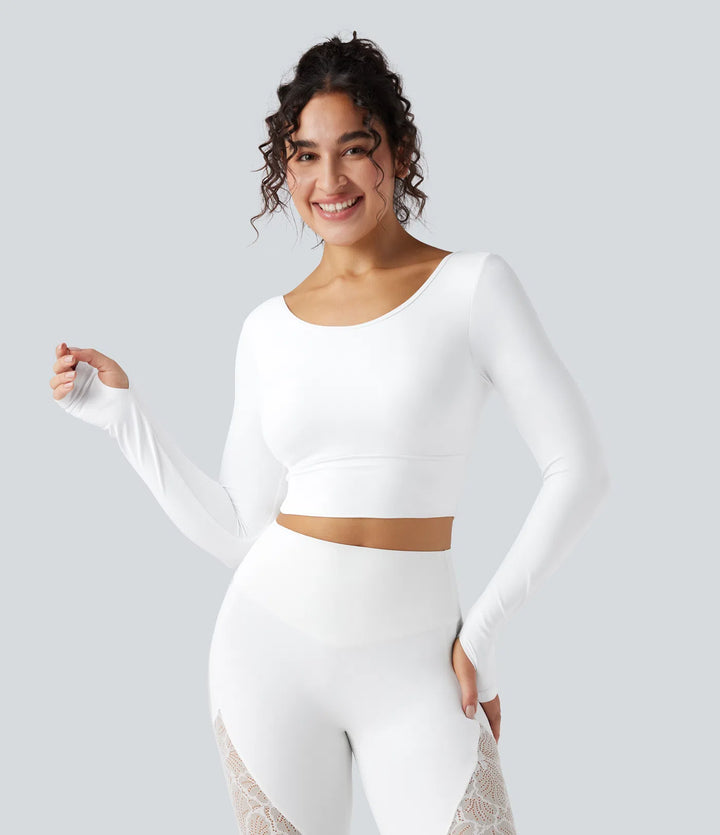 SoftlyZero Push-Up Long Sleeve Thumb Hole Contrast Lace Cropped Yoga Sports Top
