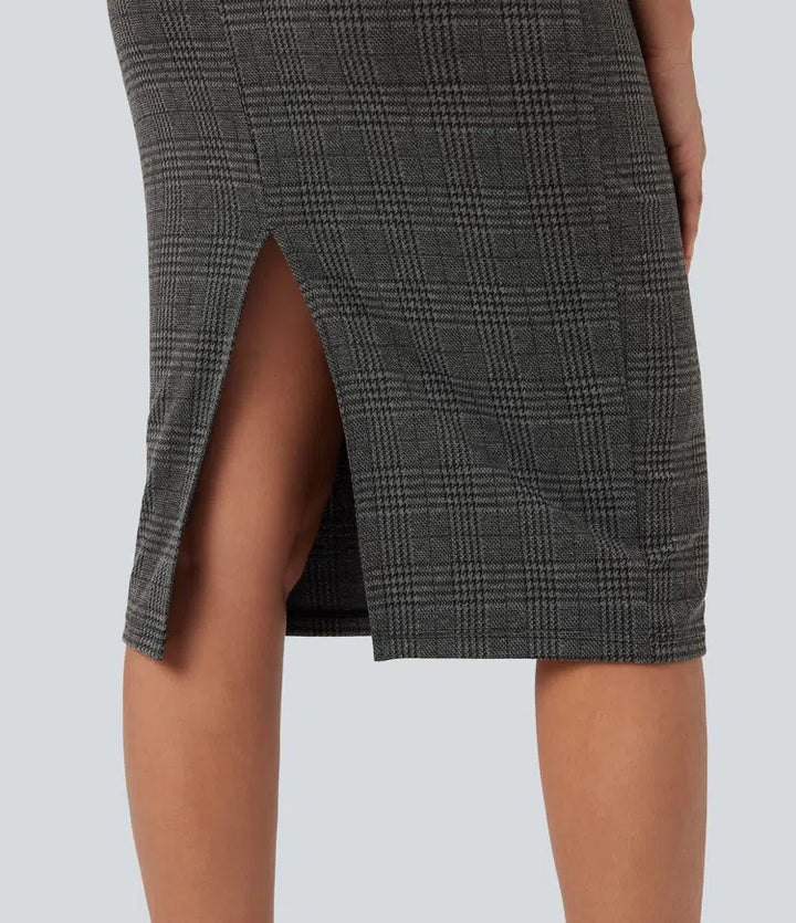 High Neck Sleeveless Bodycon Houndstooth Plaid Midi Work Dress