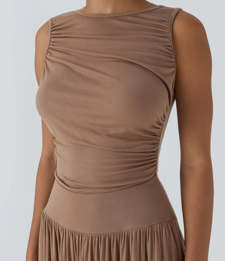 Ribbed Boat Neck Asymmetric Strap Ruched Pocket Flowy Maxi Casual Dress