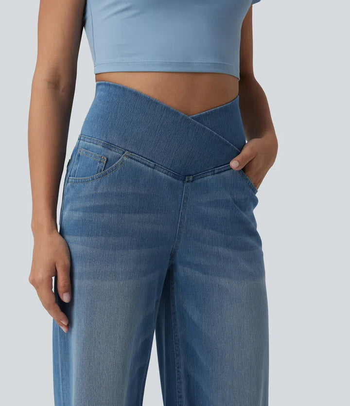 Halara Flex Crossover High Waisted Tummy Control Wide Leg Casual Jeans with Pockets