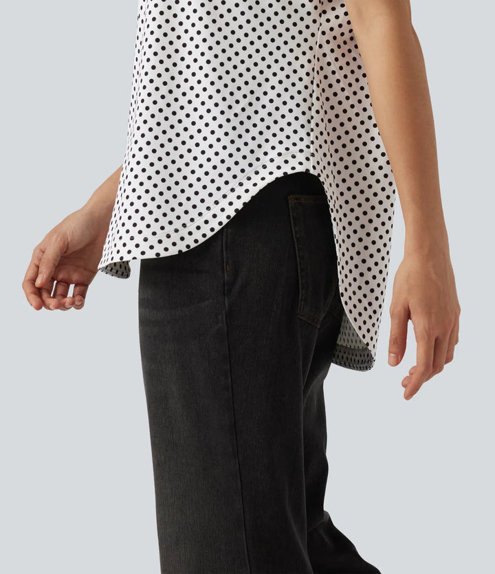One Shoulder Short Sleeve Curved Hem High Low Built-in Bra Polka Dot Casual Top
