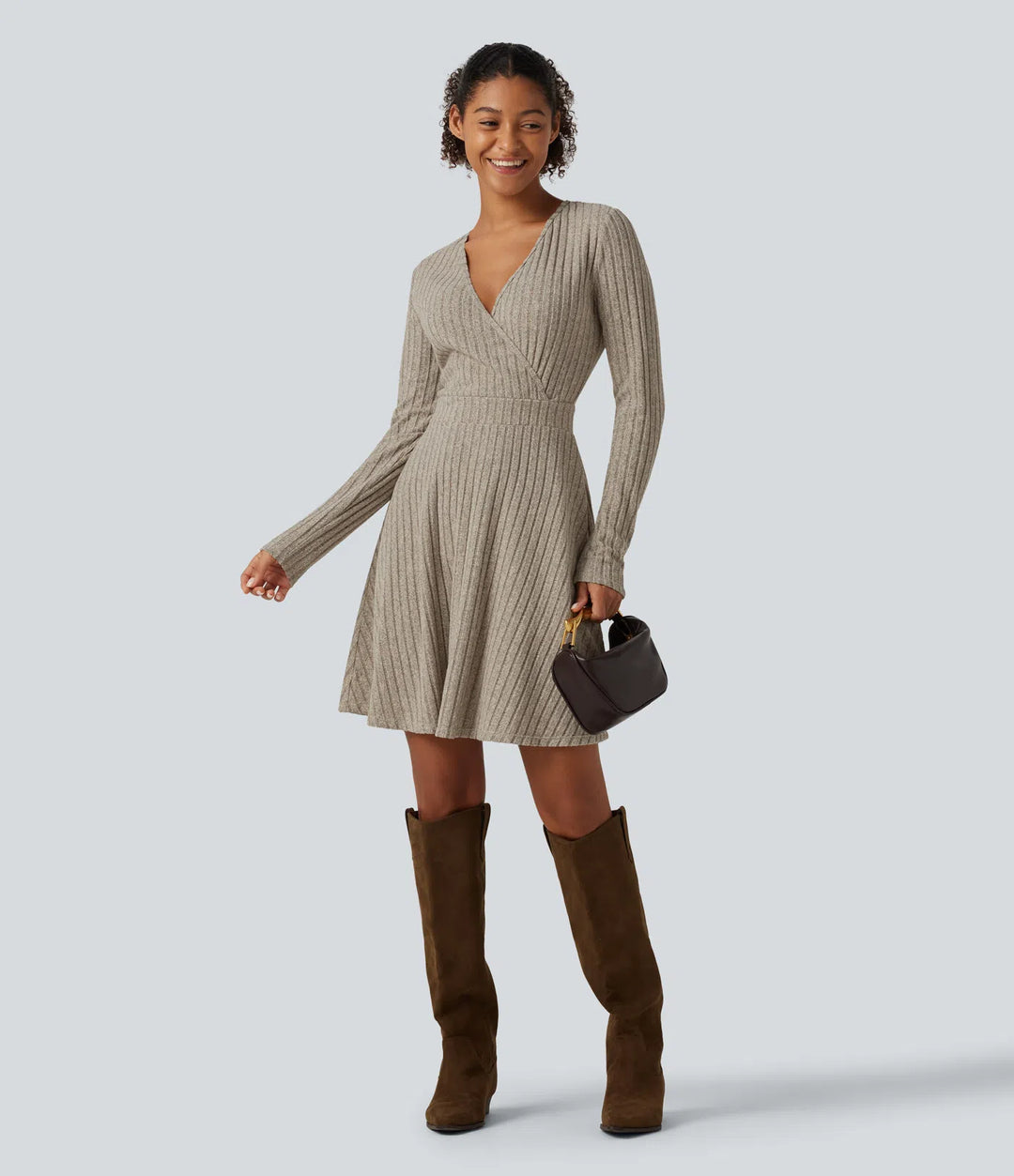 Ribbed Knit V-Neck Crossover Long Sleeve Mini Casual Dress
