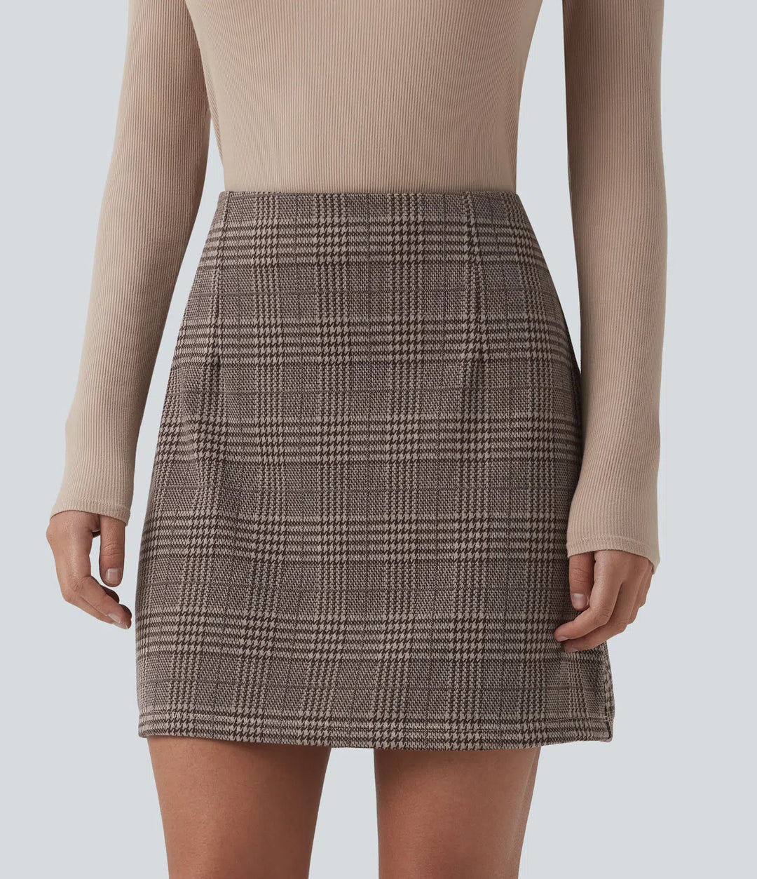 High Waisted 2-in-1 Houndstooth Plaid Mini Work Skirt-Longer Length