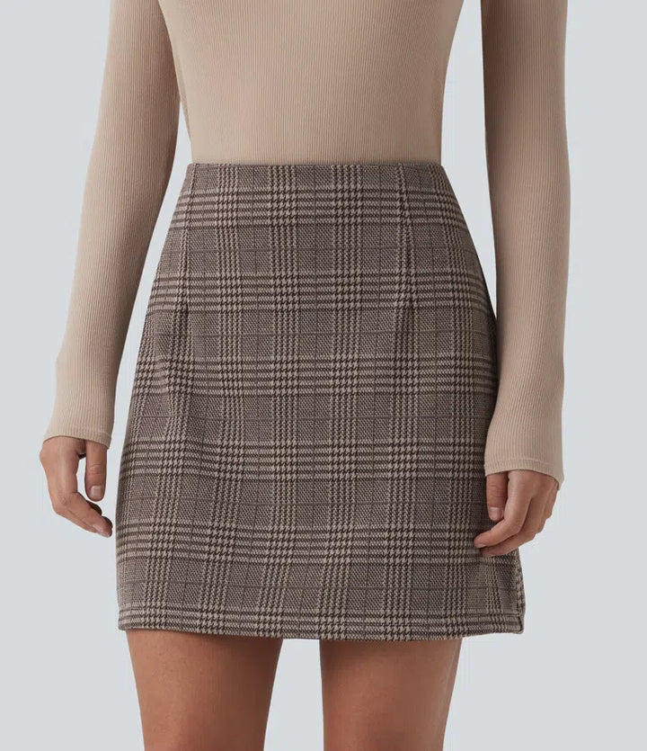 High Waisted 2-in-1 Houndstooth Plaid Mini Work Skirt-Longer Length