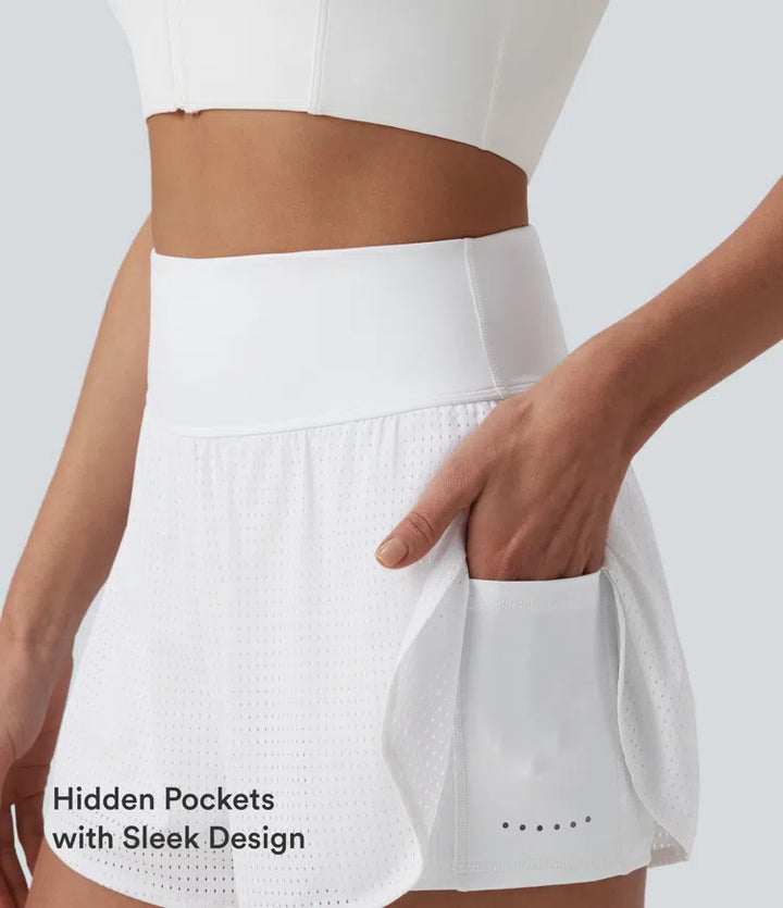 High Waisted Tummy Control Reflective Dots Crossover Curved Hem 2-in-1 Eyelet Yoga Shorts with Pockets