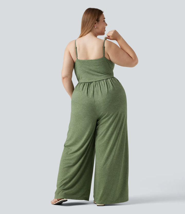 Plus Size Built-in Bra Ruched Wide Leg Heathered Casual Jumpsuit with Pockets-Easy Peezy Edition