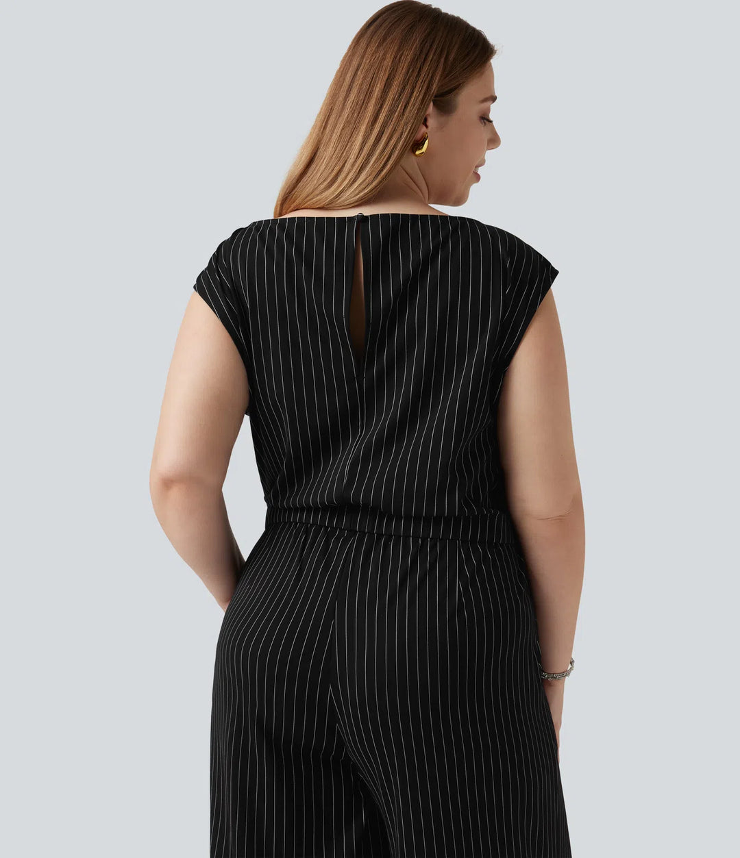Plus Size Boat Neck Sleeveless Tie Side InstantCool Stripe Work Jumpsuit with Pockets-Easy Peezy Edition