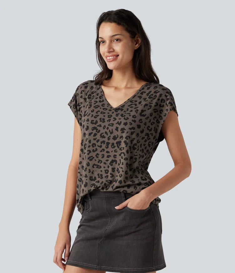V Neck Short Sleeve Leopard Print Casual T-Shirt