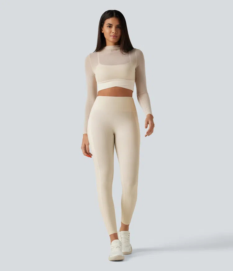 Mock Neck Long Sleeve Non-Removable Pad Mesh Cropped Yoga Sports Top