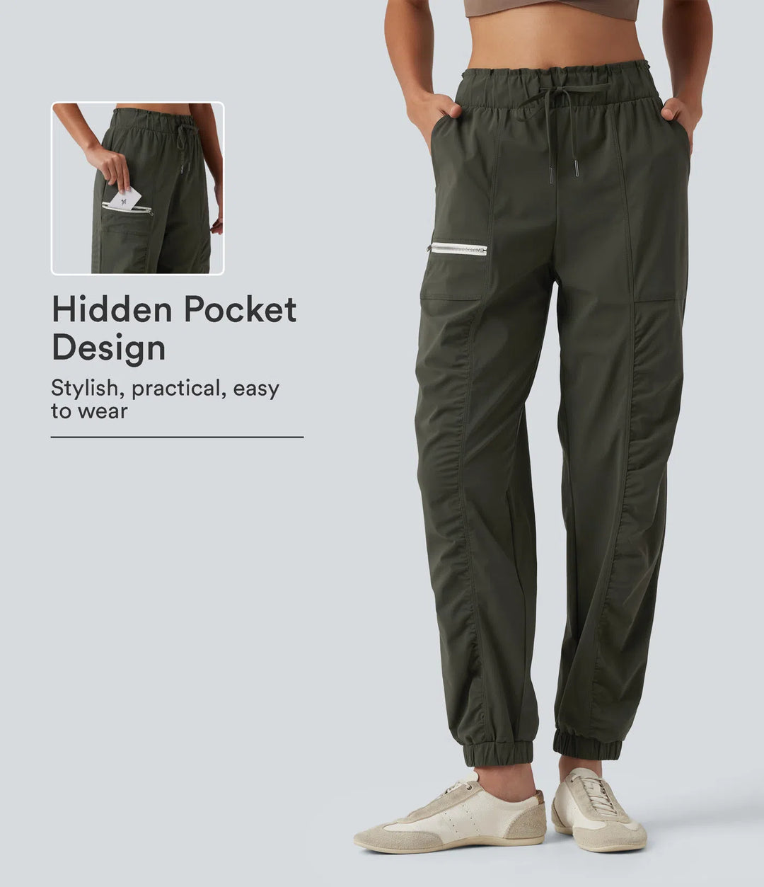 Mid Rise Drawstring Ruched Tapered Quick Dry InstantCool Running Joggers with Pockets-UPF40+
