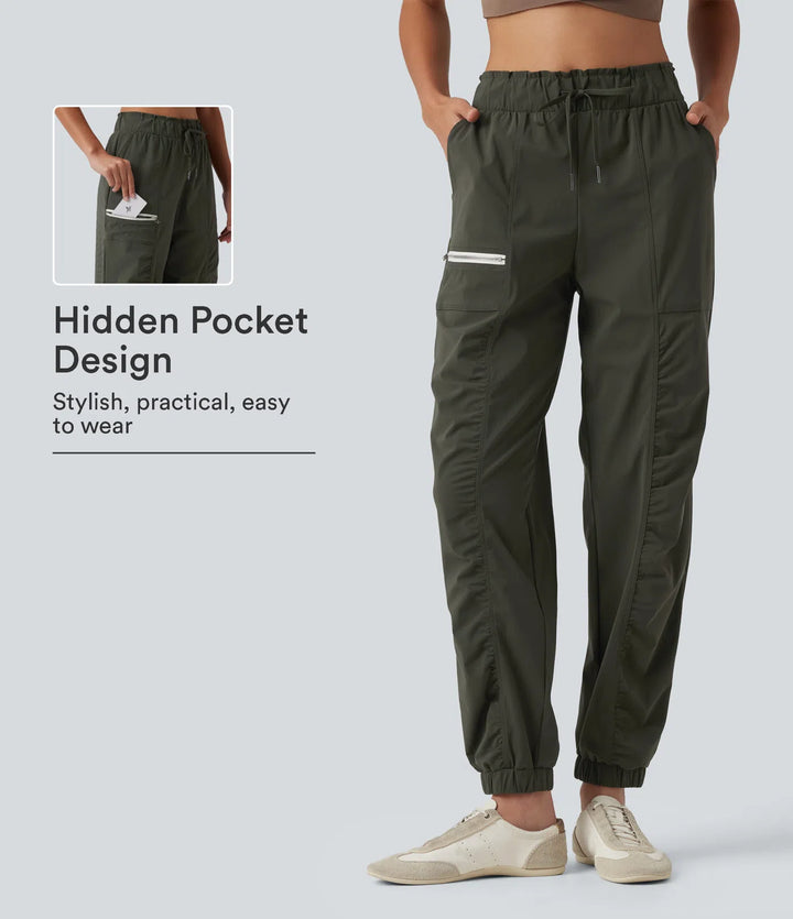 Mid Rise Drawstring Ruched Tapered Quick Dry InstantCool Running Joggers with Pockets-UPF40+