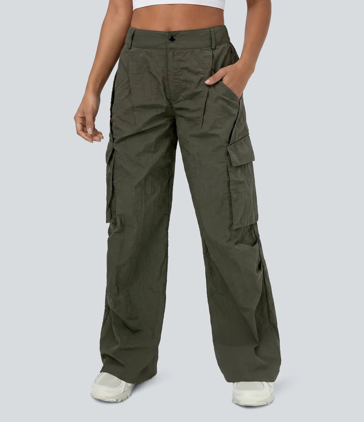 Mid Rise Button Zipper Side Pocket Wide Leg Baggy Casual Cargo Pants