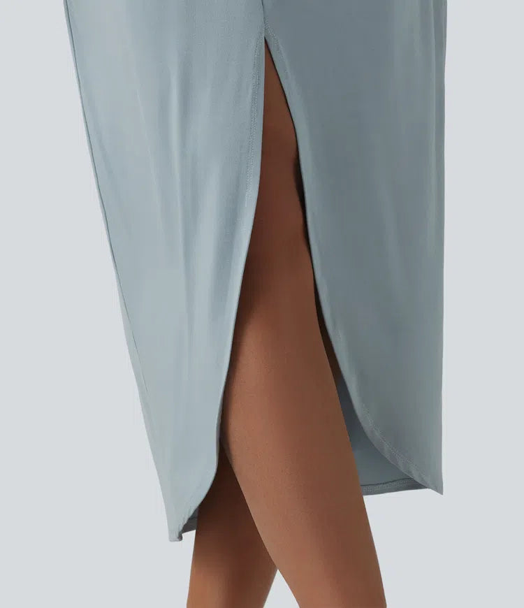 V-neck Batwing Sleeve Twisted Tulip Hem Midi Casual Dress