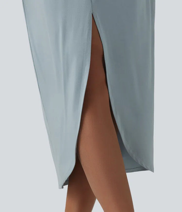 V-neck Batwing Sleeve Twisted Tulip Hem Midi Casual Dress