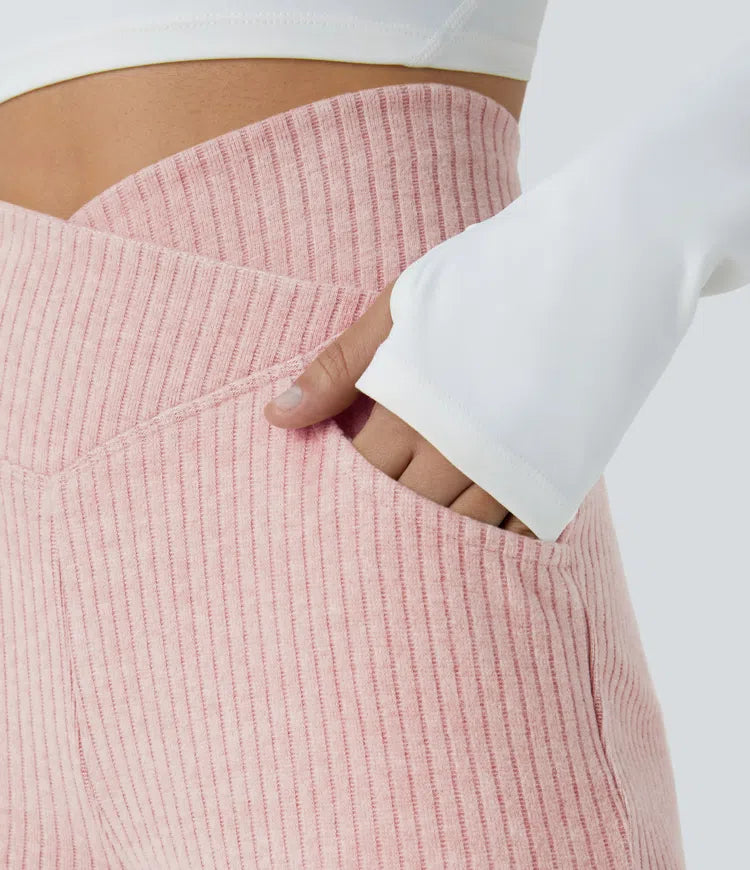 Ribbed Knit Crossover High Waisted Pocket Casual Flare Pants