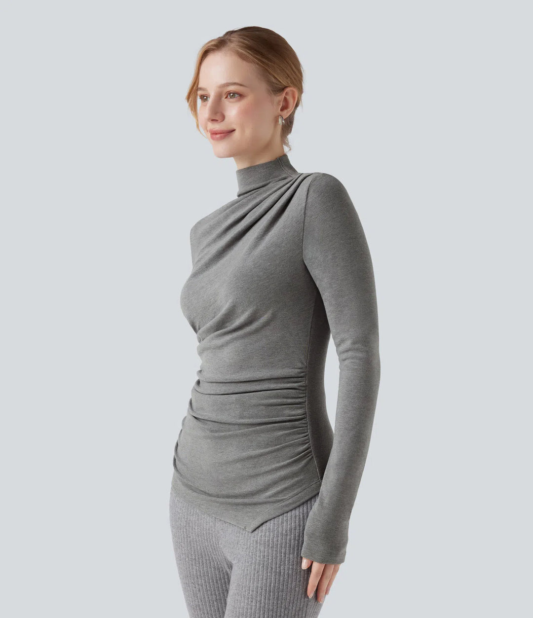 Mock-neck Long Sleeve Ruched Asymmetric Hem Thermal Casual Top