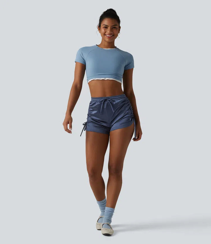 High Waisted Drawstring Ruched Satin Casual Shorts with Pocket