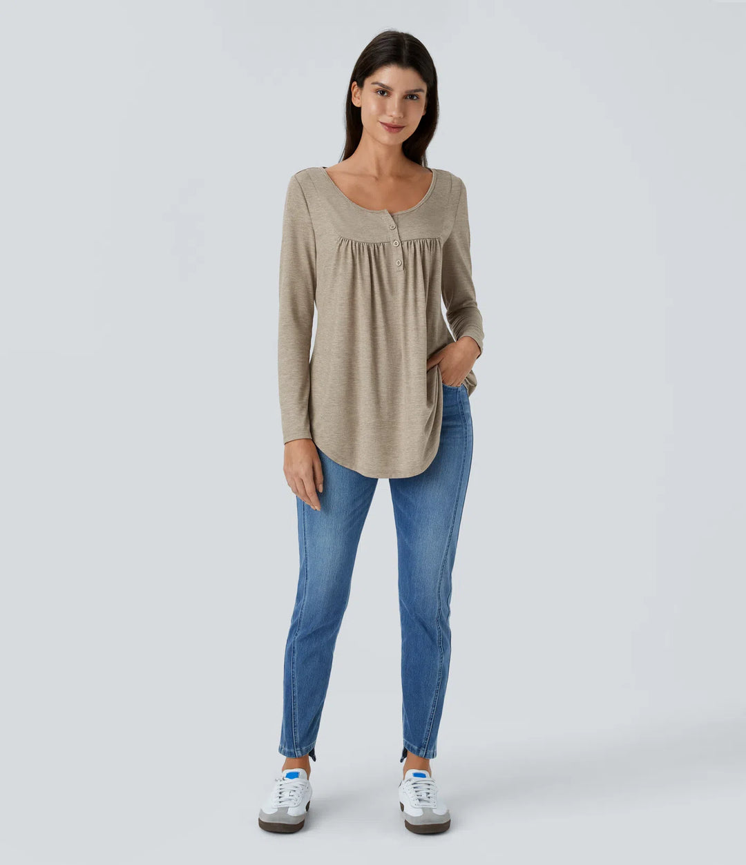Round Neck Long Sleeve Curved Hem Casual Top