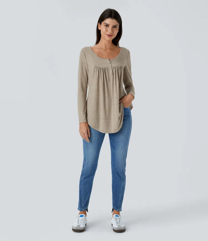 Round Neck Long Sleeve Curved Hem Casual Top