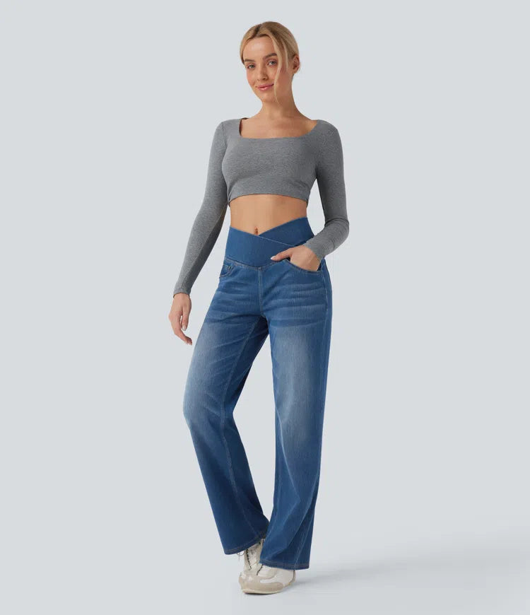 Halara Flex Crossover High Waisted Tummy Control Casual Straight Leg Jeans with Pockets