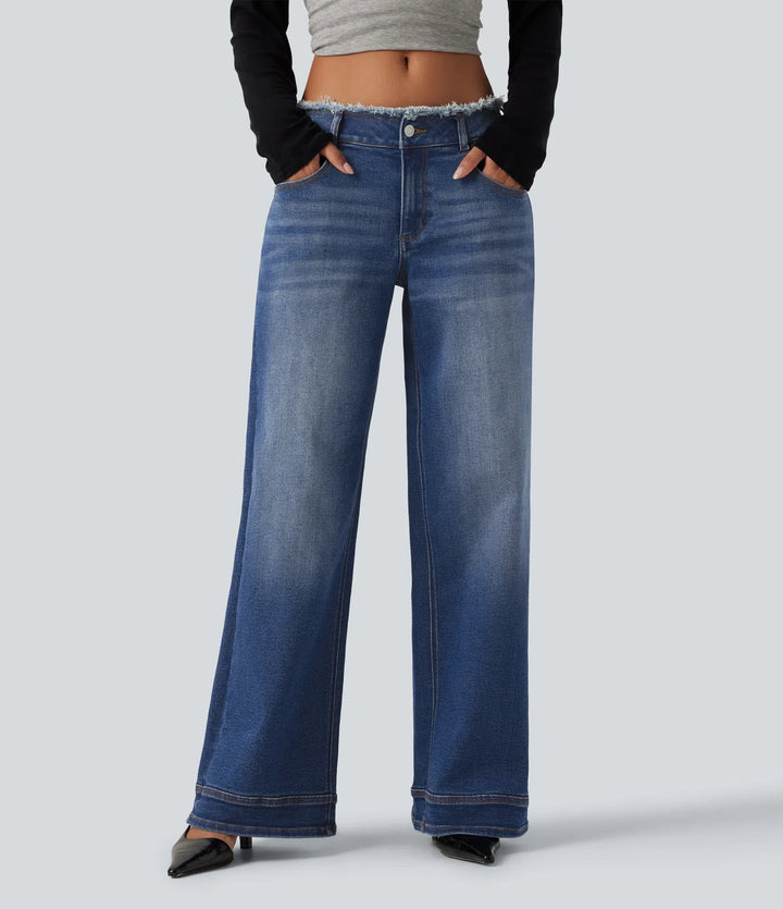 Low Rise Raw Hem Wide Leg Casual Jeans with Pockets