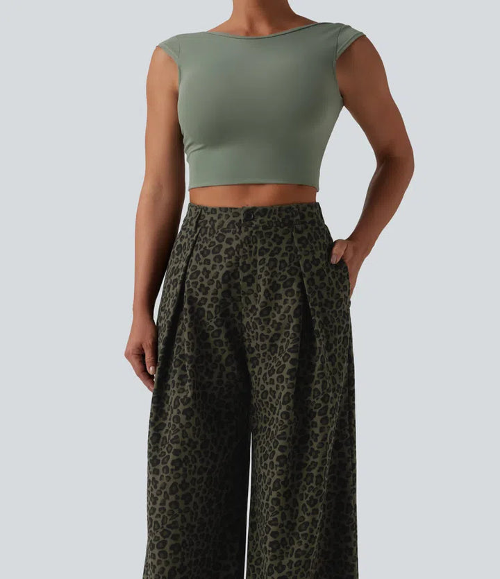 Mid Rise Wide Leg Baggy Leopard Print Casual Pants with Pockets