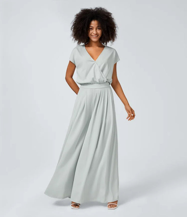 V Neck Short Sleeve Side Pocket Wide Leg Flowy Waffle Casual Jumpsuit