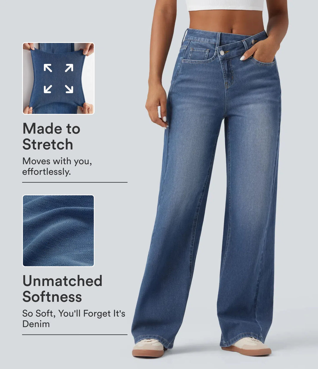 Halara Flex Asymmetric High Waisted Washed Casual Baggy Jeans with Pockets