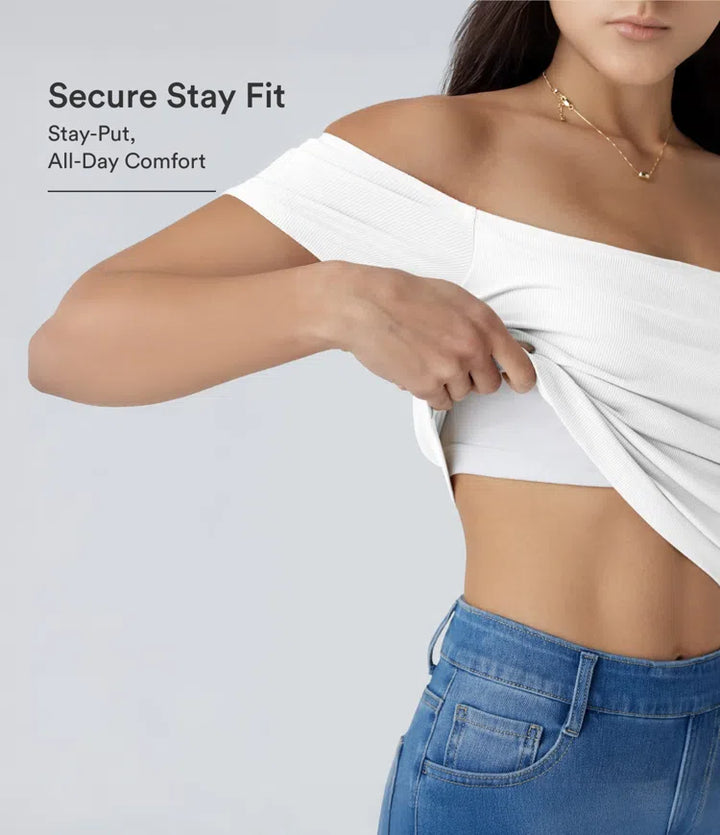 Ribbed Knit Off Shoulder Short Sleeve 2-in-1 Casual Top