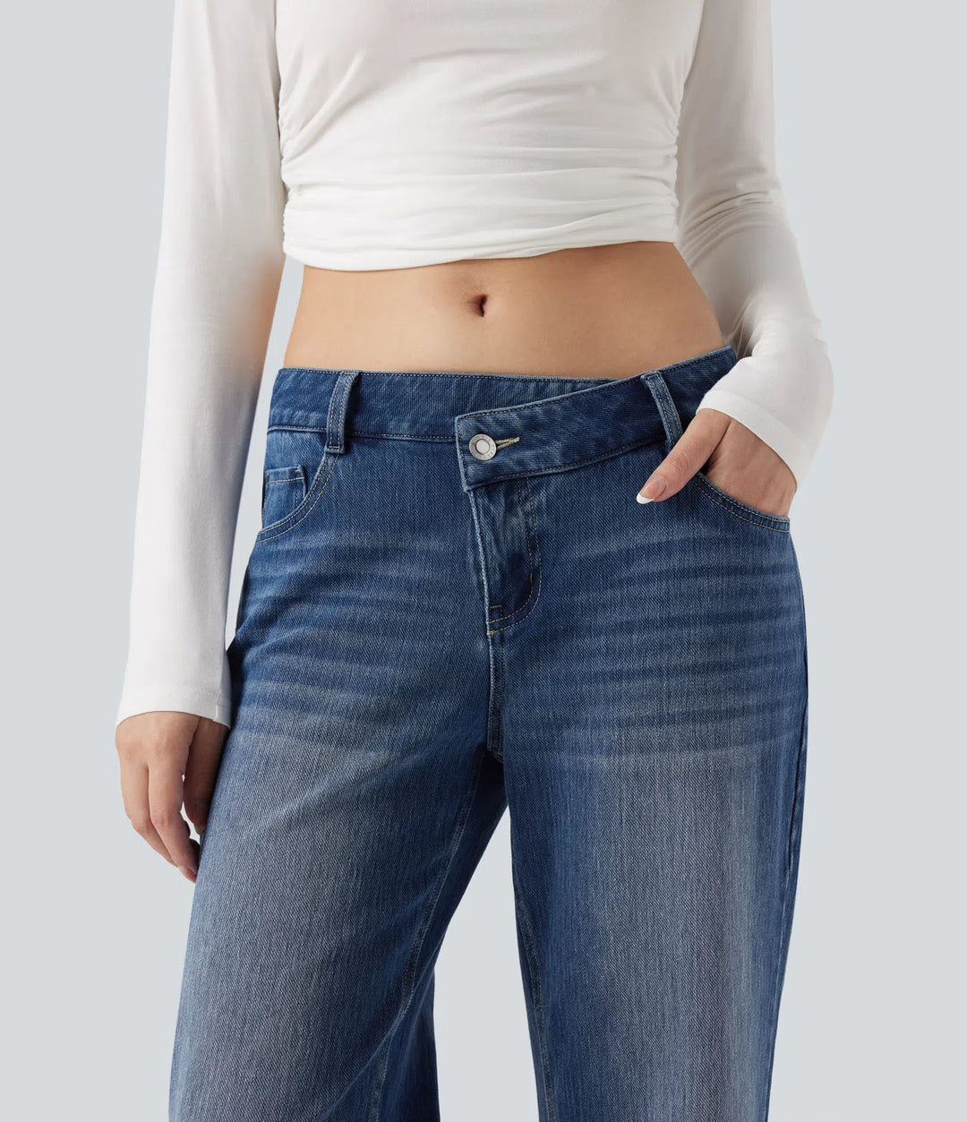 Halara Flex Asymmetric Low Rise Straight Leg Casual Jeans with Pockets