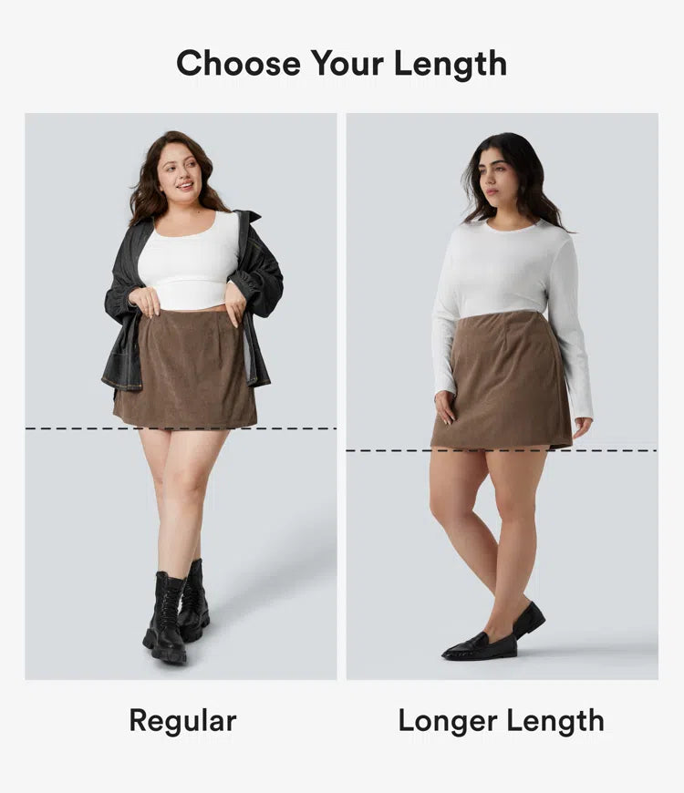 Plus Size High Waisted 2-in-1 A Line Mini Corduroy Casual Skirt-Longer Length