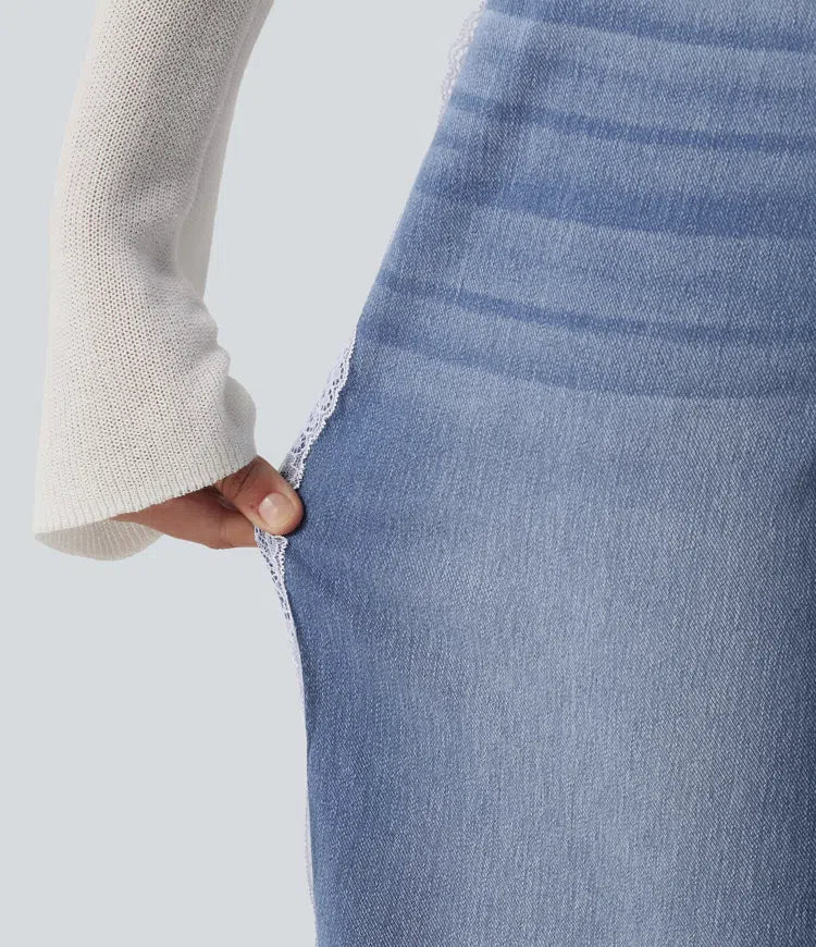 Halara Flex High Waisted Contrast Lace Baggy Casual Jeans with Pockets